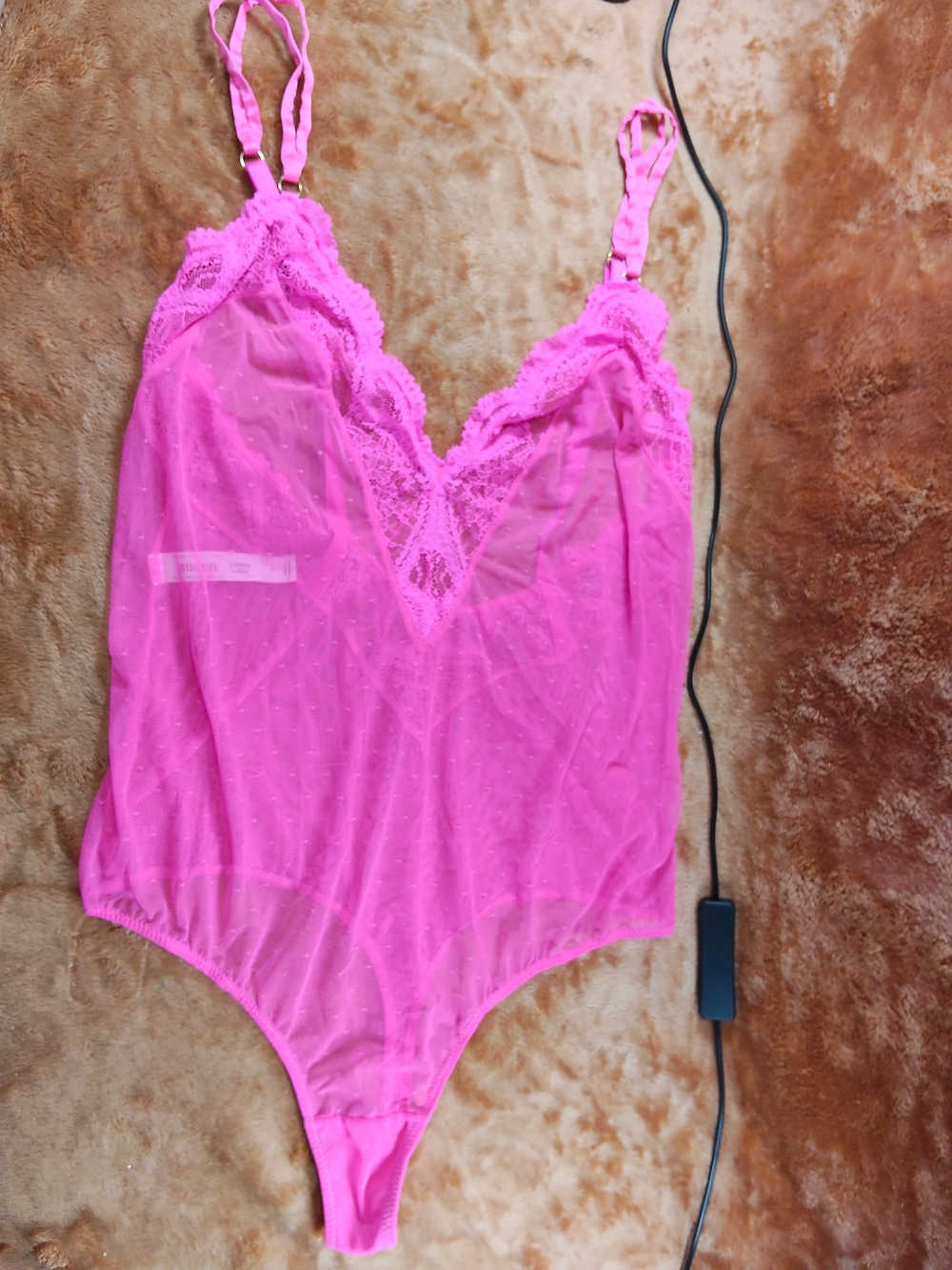 Auden Hot Pink Lace Trim Sheer Bodysuit